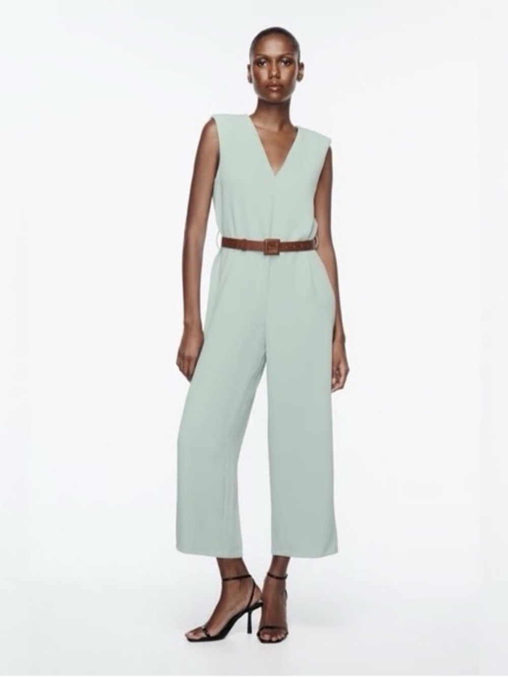 Zara Mint Green V-Neck Wide-Leg Sleeveless Jumpsuit